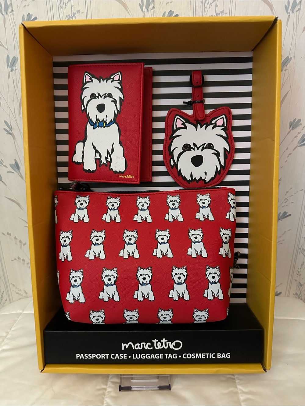 Marc Tetro Red Westie Travel Set — Passport Case, Luggage Tag & Cosmetic Bag